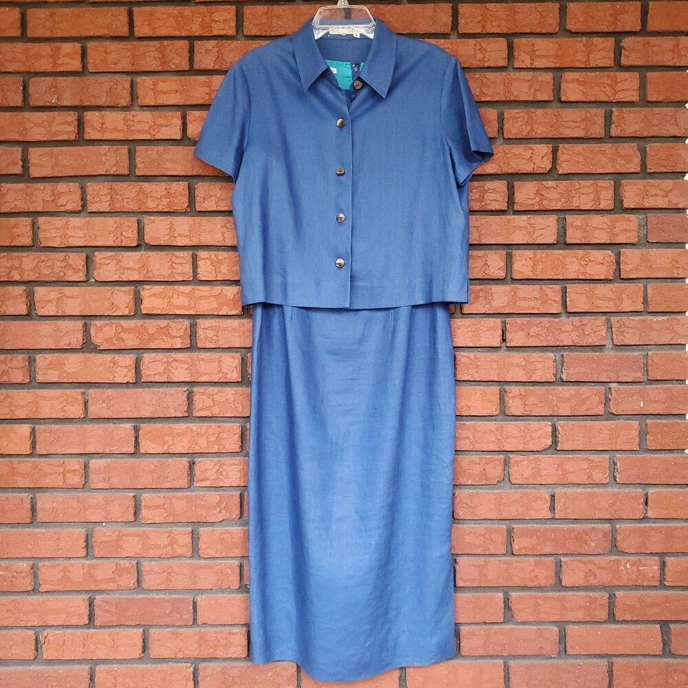 Maggy London Linen Outfit Sz 12 Blue Sleeveless Maxi Dress Button Top Set